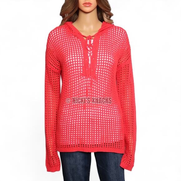 Mododoc Pointelle Open Stitch Hooded Lace-Up Sweater Neon Coral Size M - Picture 3 of 10